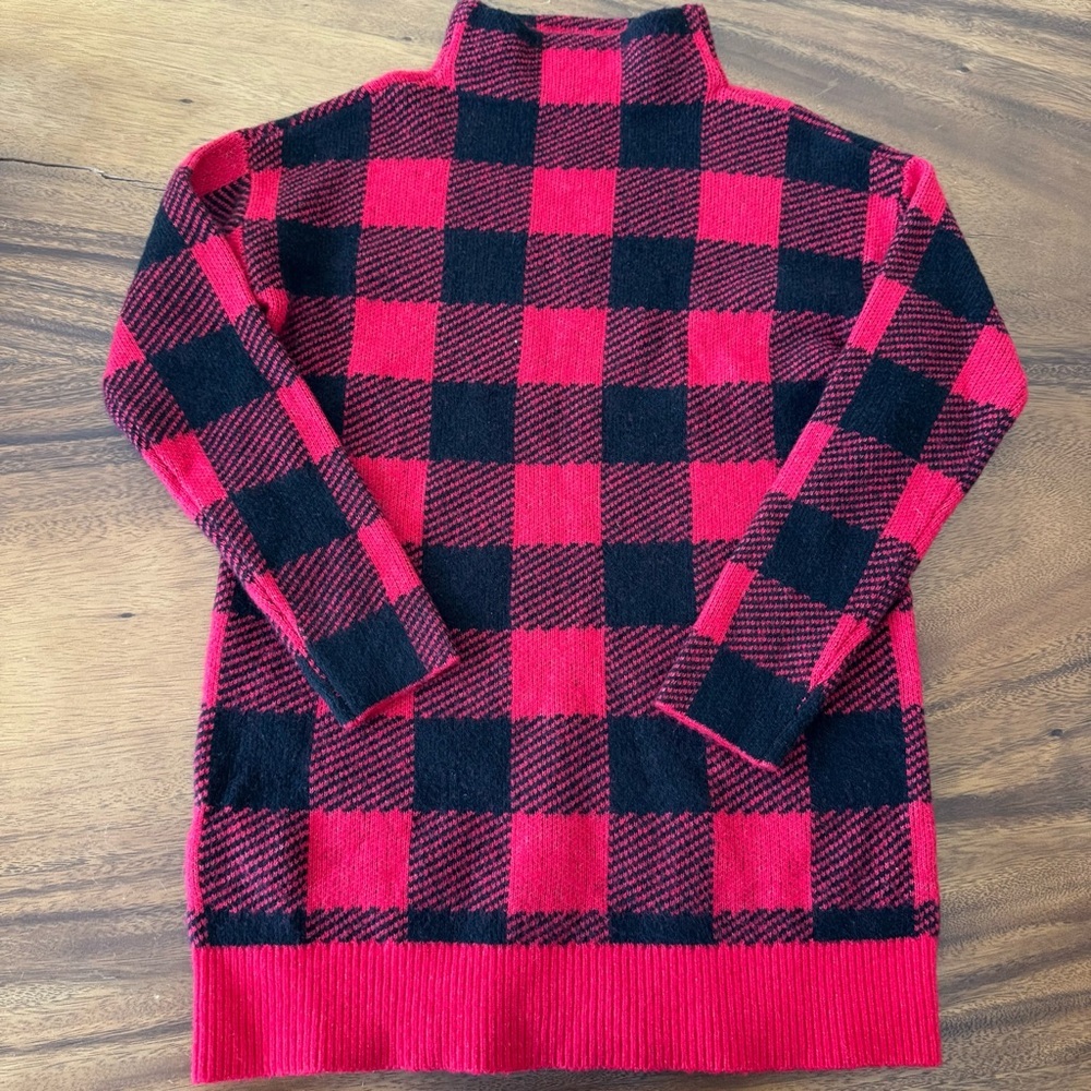 Loft Red and Black Buffalo Plaid Turtleneck Long Christmas Soft Sweater Size XSP
